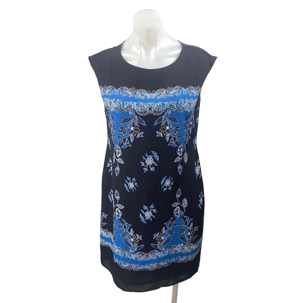 CeCe Black Blue Drop Sleeve Round Neck Floral Bandana Mini Shift Dress Size 6